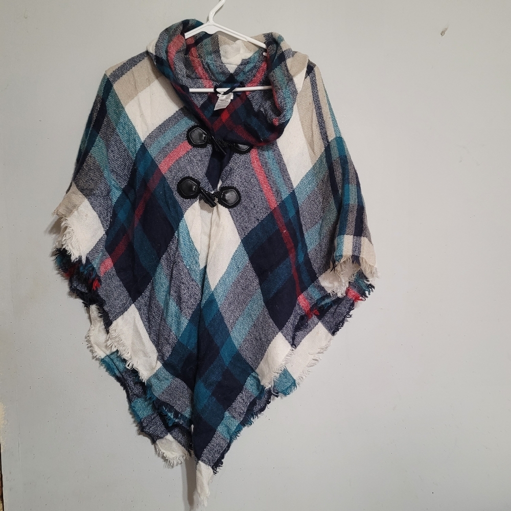 Mixit Plaid Poncho  L XL 1X Flannel Fringe Western‎ Cowgirl Aqua Blue Cream Osfm